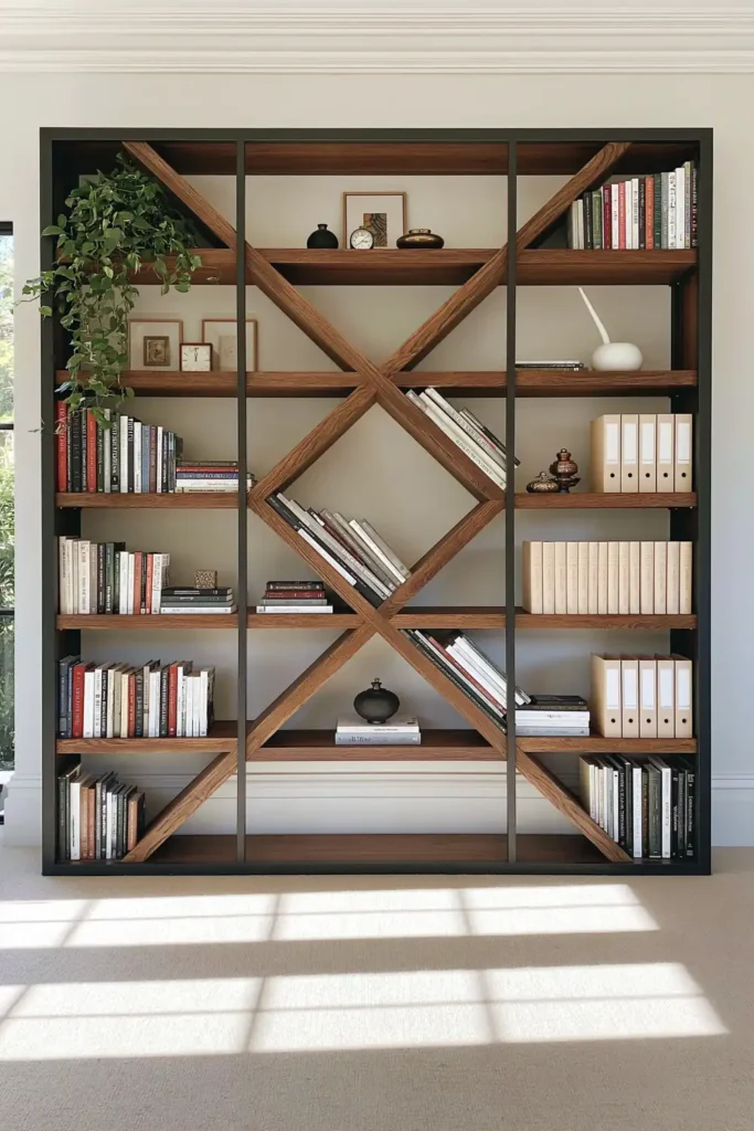 23 Living Room Bookshelf Styling Ideas for a Beautiful, Collected Space 7 Dark academic bookshelf with diagonal wood compartments, angled books, plants, metallic objects, pale binders, and strong morning sunlight.