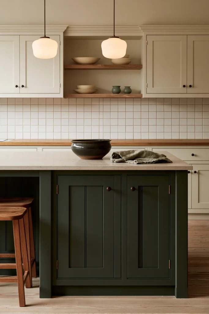How to Create a Warm Kitchen That Feels Like Home: 18 Warm and Welcoming Ideas 7 Dark greenish-grey kitchen island with a pale stone top, cream cabinets, wooden stools, and warm pendant lighting.