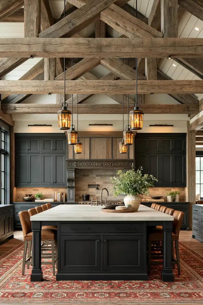 29 Rustic Modern Kitchen Designs That Balance Warmth and Clean Style 16 Dark lodge kitchen with a black stone-topped island, brown leather stools, massive timber trusses, dark cabinetry, and amber lantern lighting.