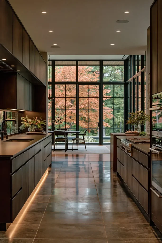 29 Rustic Modern Kitchen Designs That Balance Warmth and Clean Style 25 Long dark modern kitchen with matte cabinetry, glossy stone flooring, floor-to-ceiling black-framed glass, and orange autumn woodland views.
Rustic Modern Kitchen Designs