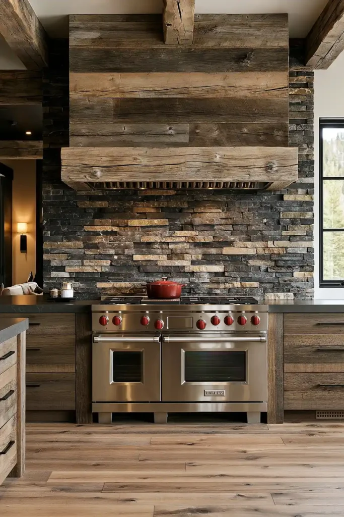 29 Rustic Modern Kitchen Designs That Balance Warmth and Clean Style 29 Rugged rustic kitchen with dark weathered cabinets, stainless range, stacked-stone wall, massive timber hood, exposed beams, and wood plank flooring.