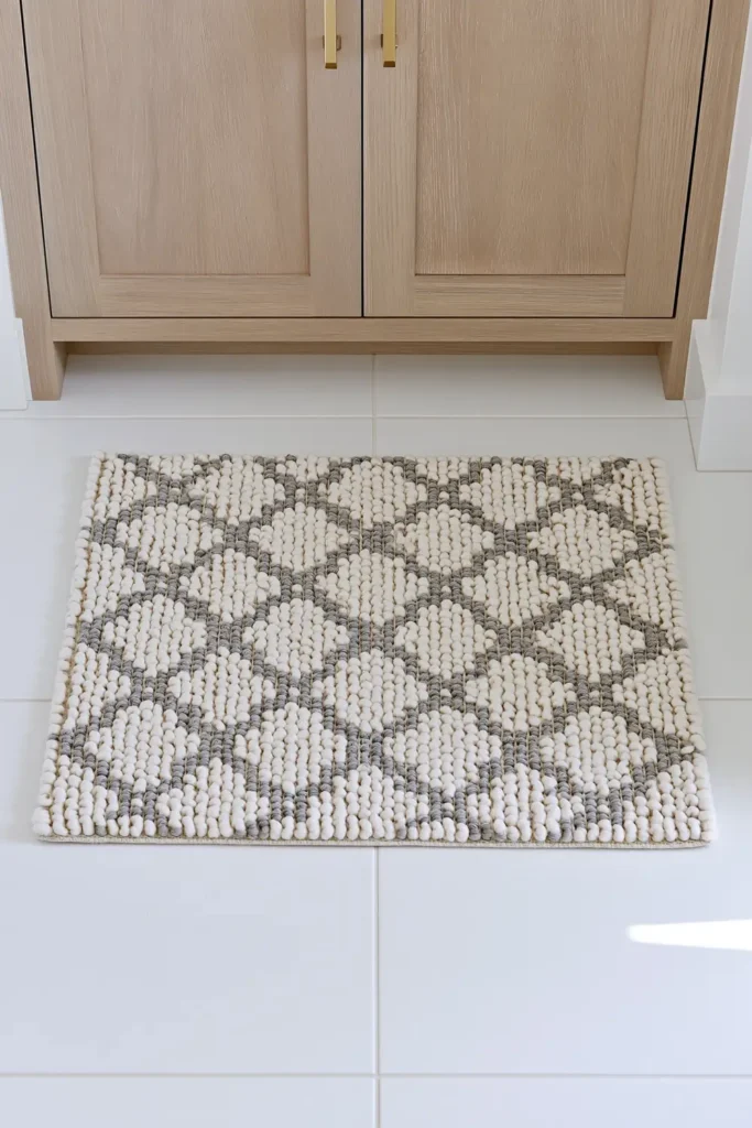 21 Guest Bathroom Decorating Ideas for a Friendly Space 11 Neutral decorative bath mat with a subtle geometric pattern placed in front of a guest bathroom vanity.