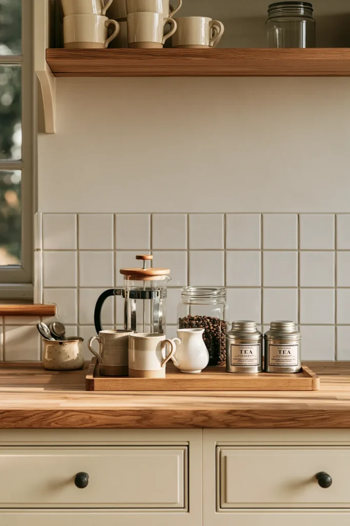 How to Create a Warm Kitchen That Feels Like Home: 18 Warm and Welcoming Ideas 15 Cozy kitchen coffee and tea station with a French press, ceramic mugs, tea tins, glass jars, and soft morning light.