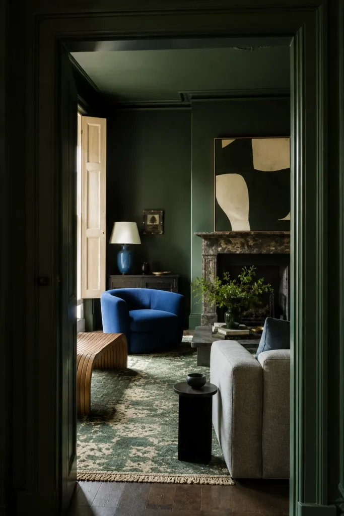 20 Best Living Room Color Combinations for a Warm Feel 11 Deep green color-drenched living room with a stone fireplace, cobalt-blue armchair, pale gray sofa, and patterned green rug.