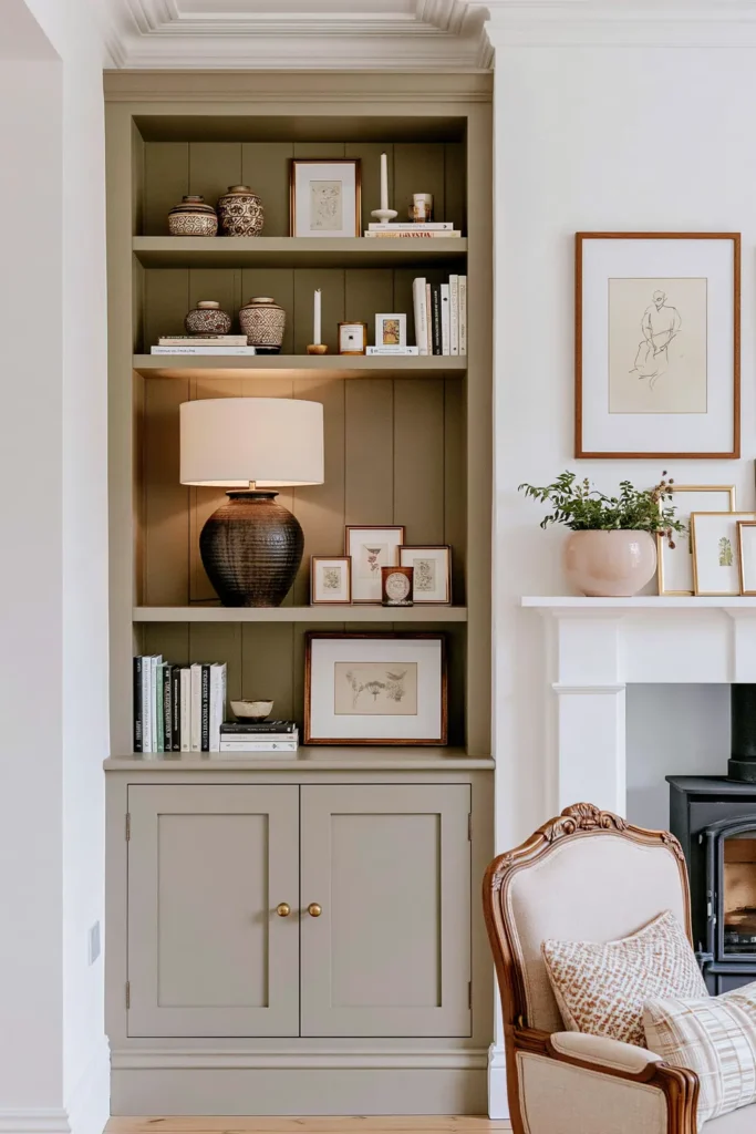 23 Living Room Bookshelf Styling Ideas for a Beautiful, Collected Space 8 Deep olive alcove shelving beside a white fireplace and black wood-burning stove, styled with ceramics, books, framed art, and greenery.