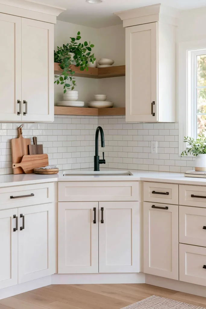 8 Kitchen Corner Cabinet Ideas for Smarter Storage 6 Diagonal kitchen corner cabinet with an integrated sink, black faucet, white cabinetry, and natural wood accents.