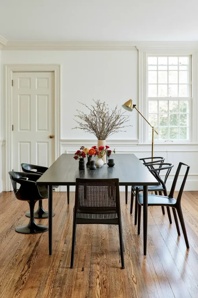 9 Mix and Match Dining Chair Ideas for a Stylish, Collected Look 3 Black mismatched dining chairs in different shapes surrounding a dark table in a bright white dining room.