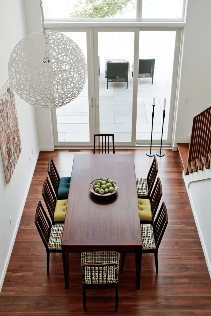 9 Mix and Match Dining Chair Ideas for a Stylish, Collected Look 8 Overhead dining area with matching dark chairs styled with teal, yellow-green, and geometric patterned seat cushions.