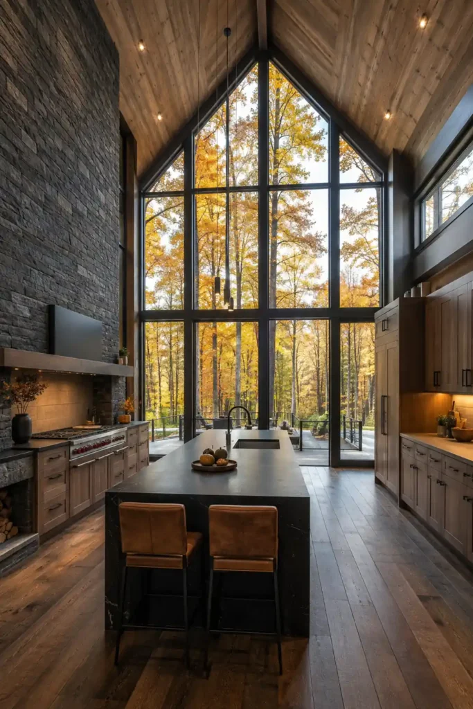 29 Rustic Modern Kitchen Designs That Balance Warmth and Clean Style 17 Double-height cabin kitchen with a dark island, warm wood cabinetry, stone wall, pitched wood ceiling, and floor-to-ceiling autumn forest windows.