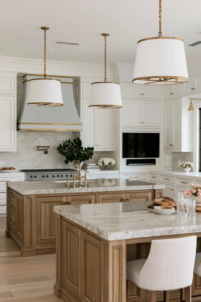 9 Blue and White Kitchen Remodel Ideas with Cozy Gold Accents 4 Two warm oak kitchen islands with pale quartzite tops, upholstered stools, white cabinetry, and oversized drum pendant lights.