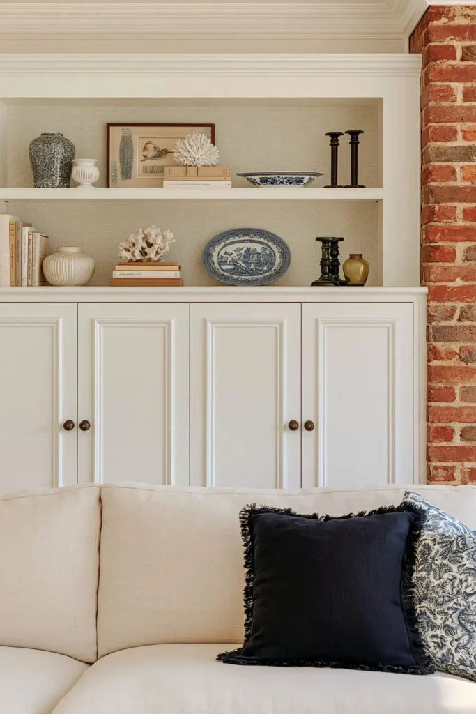 23 Living Room Bookshelf Styling Ideas for a Beautiful, Collected Space 23 Duck egg blue bookcase with blue-and-white ceramics, stacked books, white paneled cabinets, exposed brick, and navy patterned cushions.