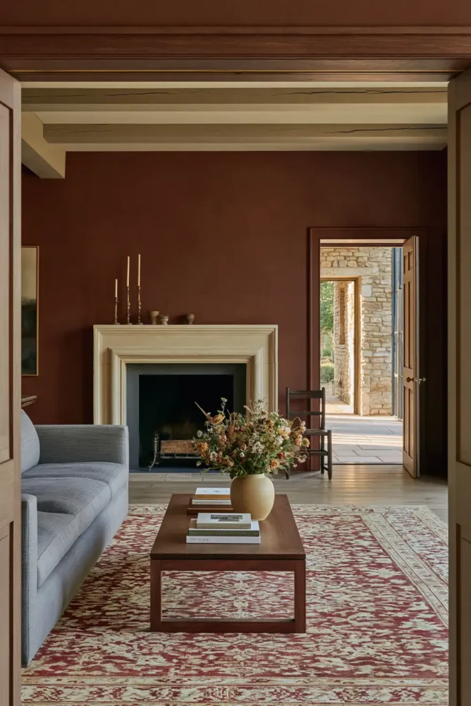 20 Best Living Room Color Combinations for a Warm Feel 18 Historic living room with earthy brown walls, exposed beams, a stone fireplace, gray sofa, wooden coffee table, and faded red rug.