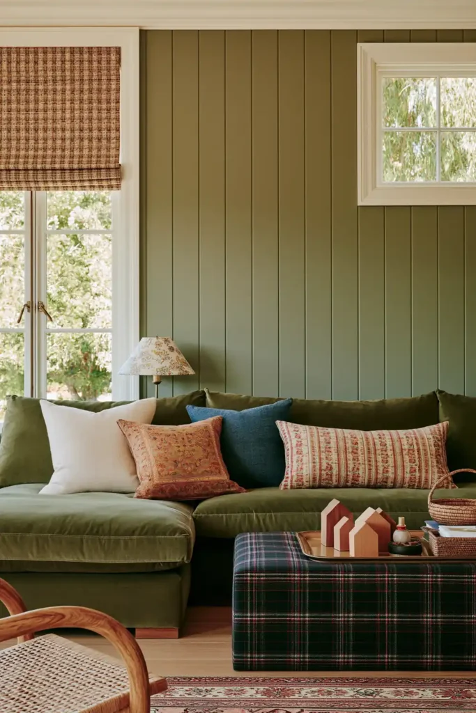 20 Best Living Room Color Combinations for a Warm Feel 8 Earthy sage green living room with an olive sectional, patterned pillows, a plaid ottoman, woven accents, and filtered daylight.