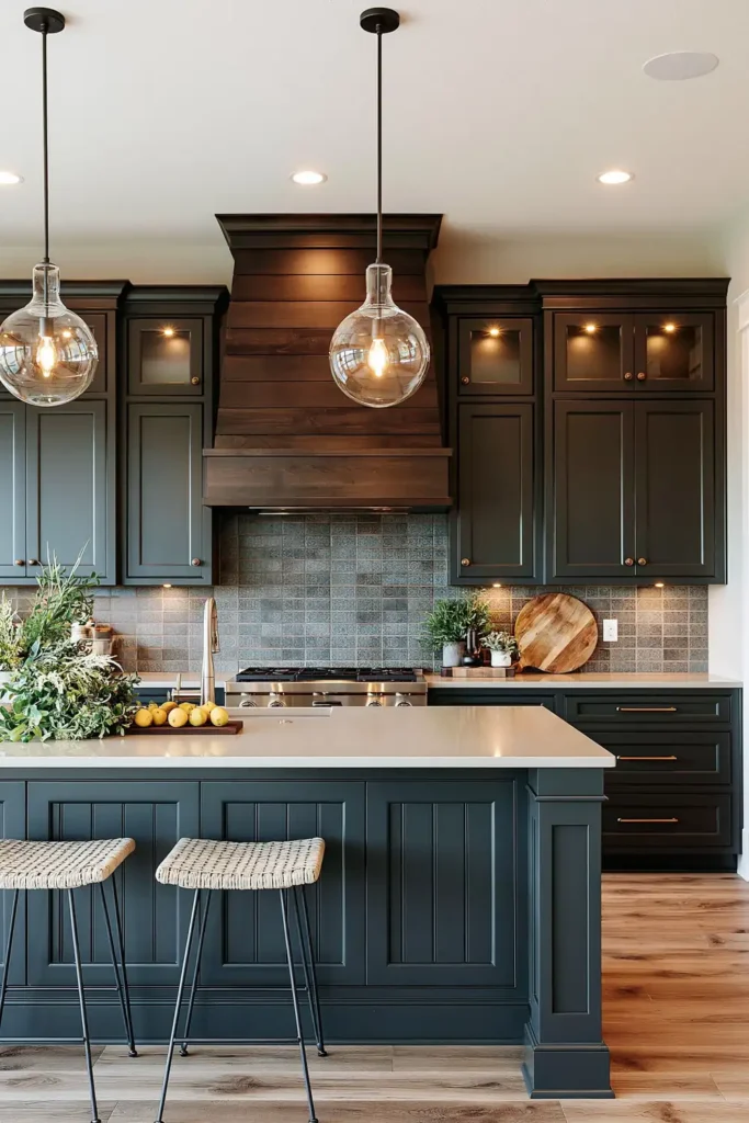 29 Barndominium Kitchen Designs for Rustic, Modern, and Timeless Spaces 14 Eclectic modern barndominium kitchen with navy-charcoal cabinetry, a dark wood range hood, mosaic tile backsplash, woven stools, and glass globe pendants.