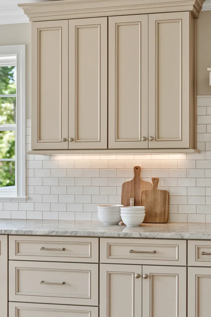 29 Neutral Kitchen Cabinet Ideas for a Calm, Timeless Kitchen 29 Ecru raised-panel kitchen cabinets with gray-veined marble counters, white subway tile, brushed nickel hardware, and natural wood cutting boards.