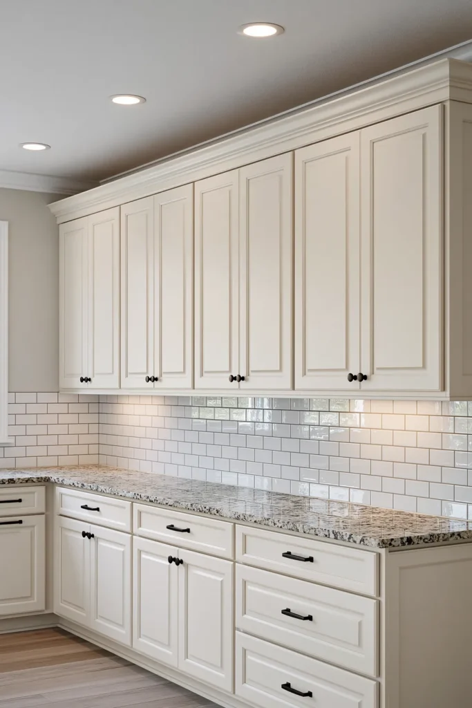 29 Neutral Kitchen Cabinet Ideas for a Calm, Timeless Kitchen 27 Eggshell raised-panel kitchen cabinets with speckled granite countertops, white subway tile backsplash, and oil-rubbed bronze hardware.