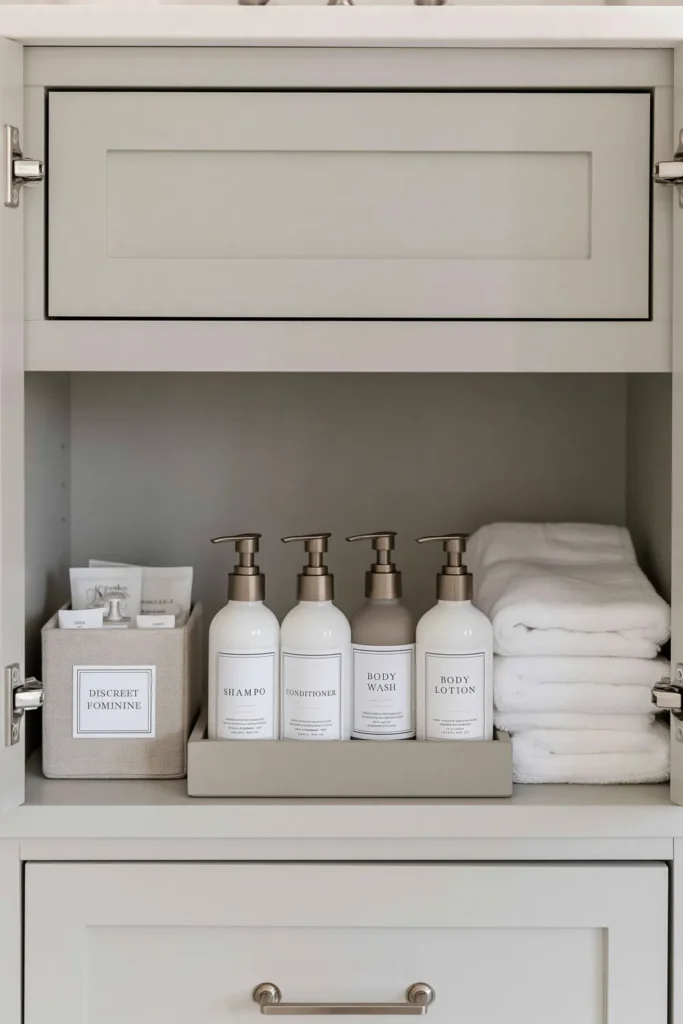 21 Guest Bathroom Decorating Ideas for a Friendly Space 17 Organized guest bathroom essentials with small toiletries, personal-care supplies, and folded white towels.