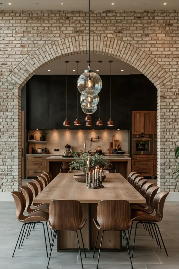 29 Rustic Modern Kitchen Designs That Balance Warmth and Clean Style 12 Rustic modern dining kitchen with a light wood table, curved wood chairs, pale exposed-brick arch, dark kitchen wall, and glass globe pendants.