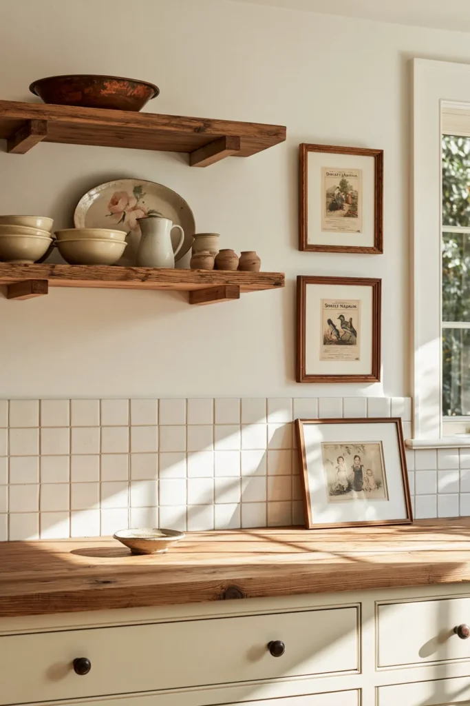 How to Create a Warm Kitchen That Feels Like Home: 18 Warm and Welcoming Ideas 14 Cozy kitchen display with an aged copper bowl, hand-painted ceramics, framed vintage art, and open wooden shelves.
