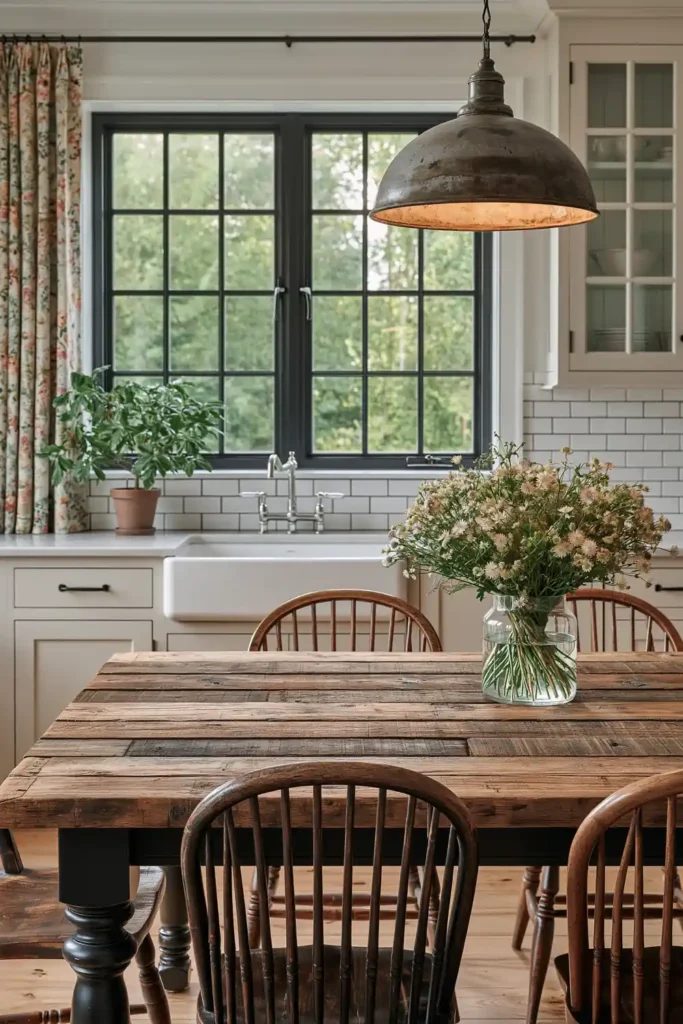 29 Barndominium Kitchen Designs for Rustic, Modern, and Timeless Spaces 5 Farmhouse barndominium kitchen with a rustic plank dining table, cream cabinets, apron-front sink, subway tile, floral curtains, and aged-metal pendant light.