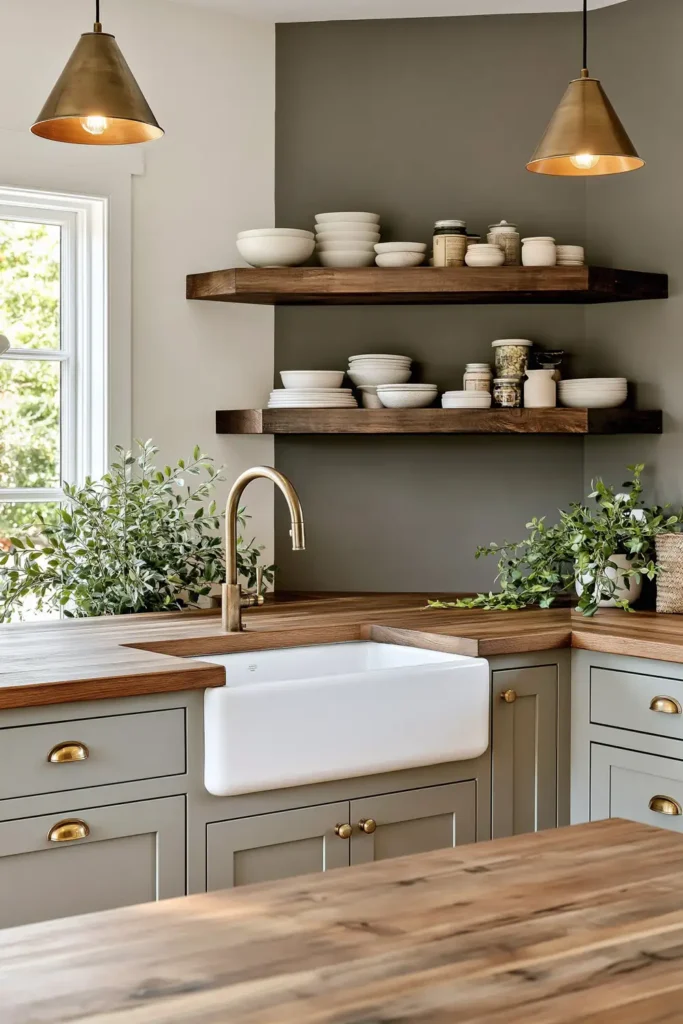 29 Rustic Modern Kitchen Designs That Balance Warmth and Clean Style 21 Farmhouse kitchen with pale blue-gray shaker cabinets, a white apron sink, warm wood counters, brass faucet, dark floating shelves, and plants.