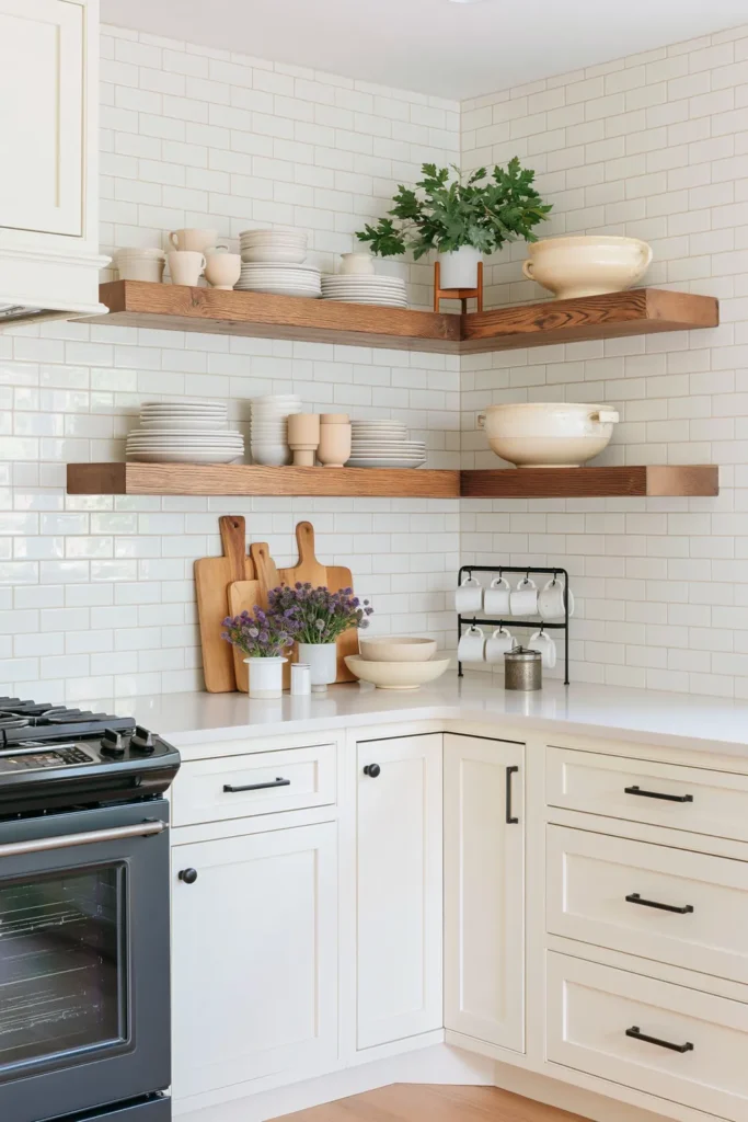 8 Kitchen Corner Cabinet Ideas for Smarter Storage 9 Natural wood floating corner shelves displaying white dishes, plants, mugs, and simple kitchen decor above white cabinets.