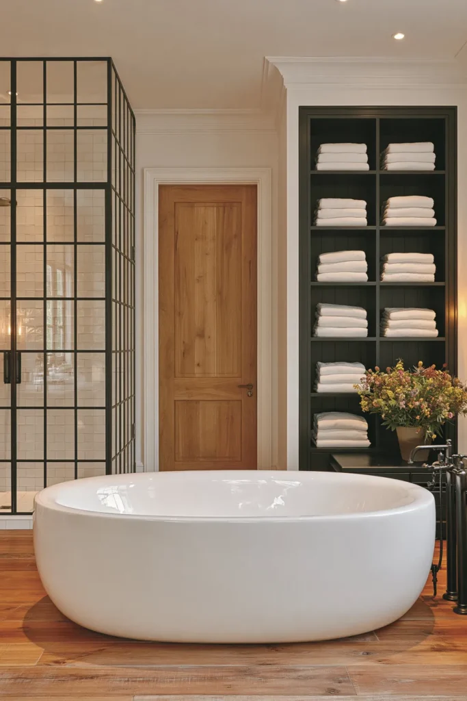 20 Bathroom Shelf Styling Ideas for Beautiful, Practical Storage 21 Modern bathroom with floor-to-ceiling black open shelving, stacked white towels, flowering plant, freestanding tub, and black-framed shower.
