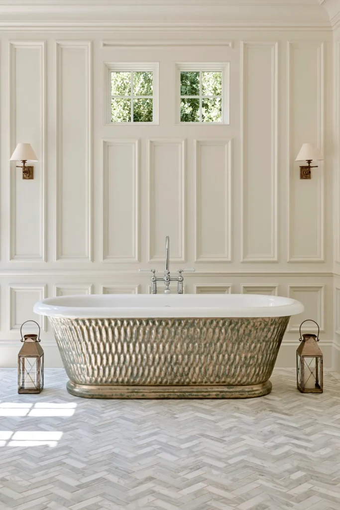 Timeless vs. Trendy Home Decor: 20 Ideas for a Well-Proportioned, Beautiful Home 17 White bathroom with floor-to-ceiling rectangular wall moldings, a gray metal freestanding tub, symmetrical sconces, and herringbone marble flooring.