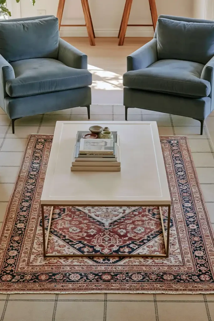 23 Living Room Bookshelf Styling Ideas for a Beautiful, Collected Space 2 Blue upholstered armchairs surrounding a pale coffee table with stacked books over layered red, navy, and beige rugs.