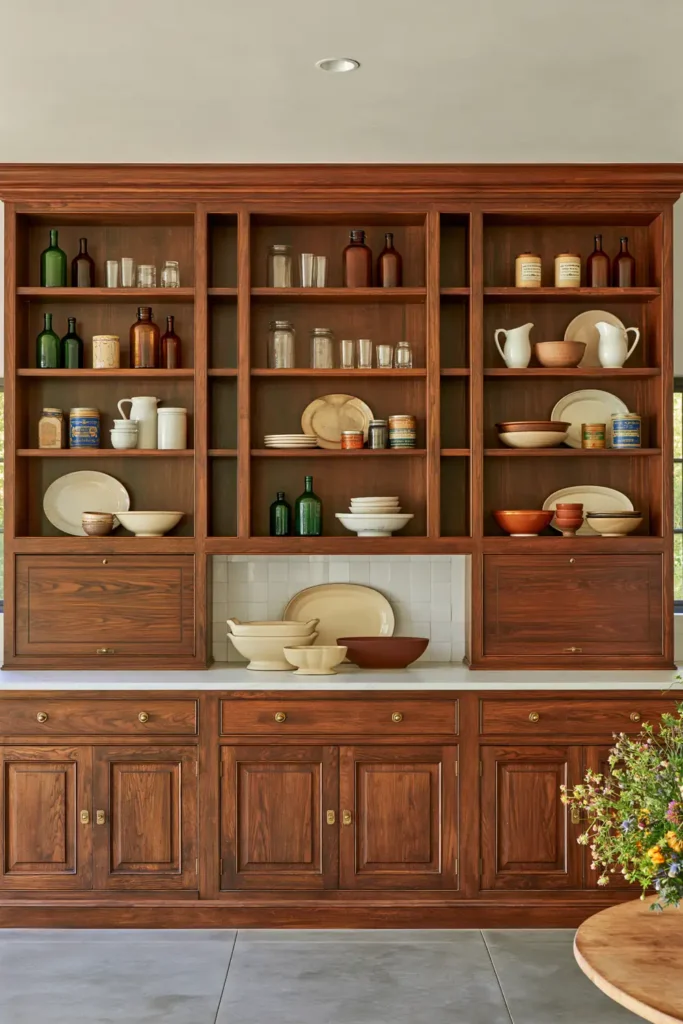 15 Butler’s Pantry Ideas for a Stylish, Functional Space 9 Floor-to-ceiling warm wood pantry cabinetry with open shelves, bottles, glassware, pitchers, ceramic dishes, brass pulls, and serving pieces.