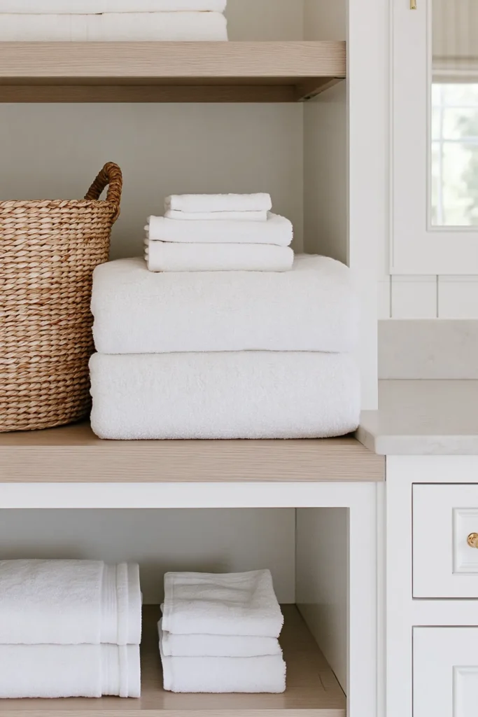21 Guest Bathroom Decorating Ideas for a Friendly Space 10 Fluffy white guest bathroom towels stacked on a light wood shelf beside a woven basket.