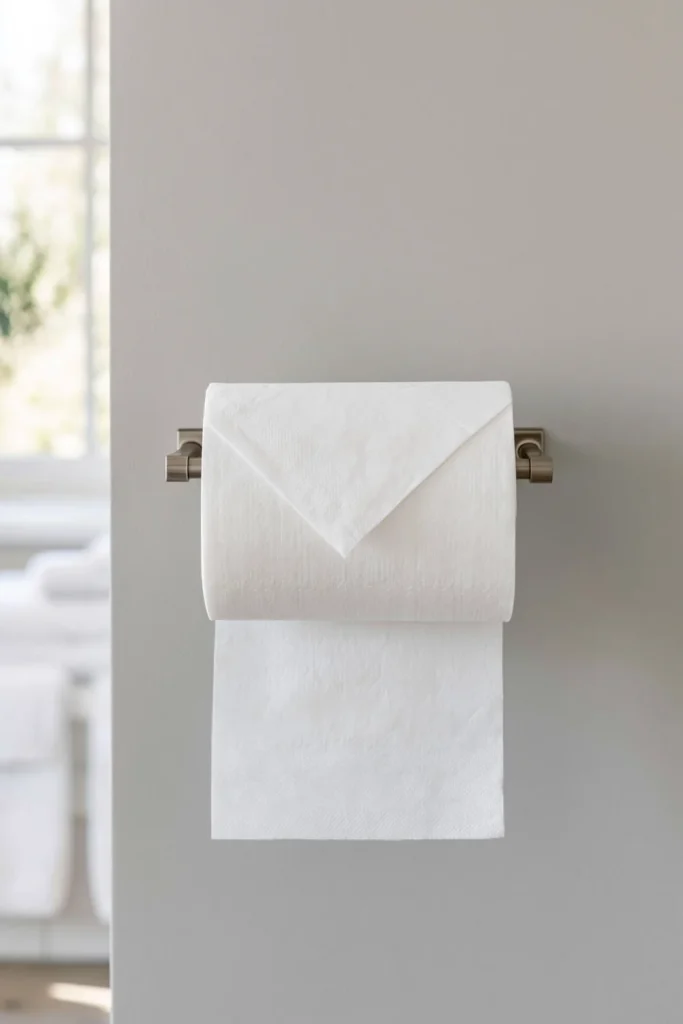 How to Style a Guest Bedroom Like a Hotel: 9 Thoughtful Details 7 Fresh toilet paper roll finished with a neat folded point in a hotel-style guest bathroom.