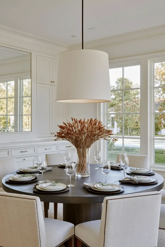 8 Formal Dining Room Ideas That Actually Feel Welcoming 6 Formal dining table set with layered white plates, glassware, cream upholstered chairs, and a tall dried-stem centerpiece.