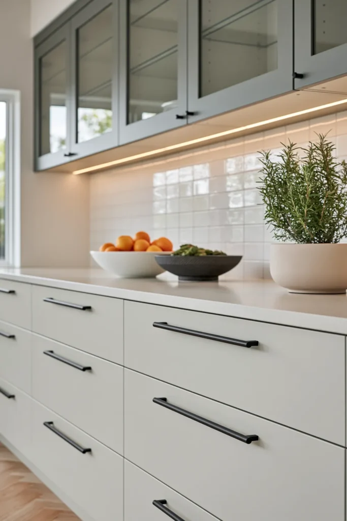 29 Neutral Kitchen Cabinet Ideas for a Calm, Timeless Kitchen 20 Light flax-colored flat-panel kitchen cabinets with glass-front uppers, matte black pulls, pale counters, and warm accent lighting.