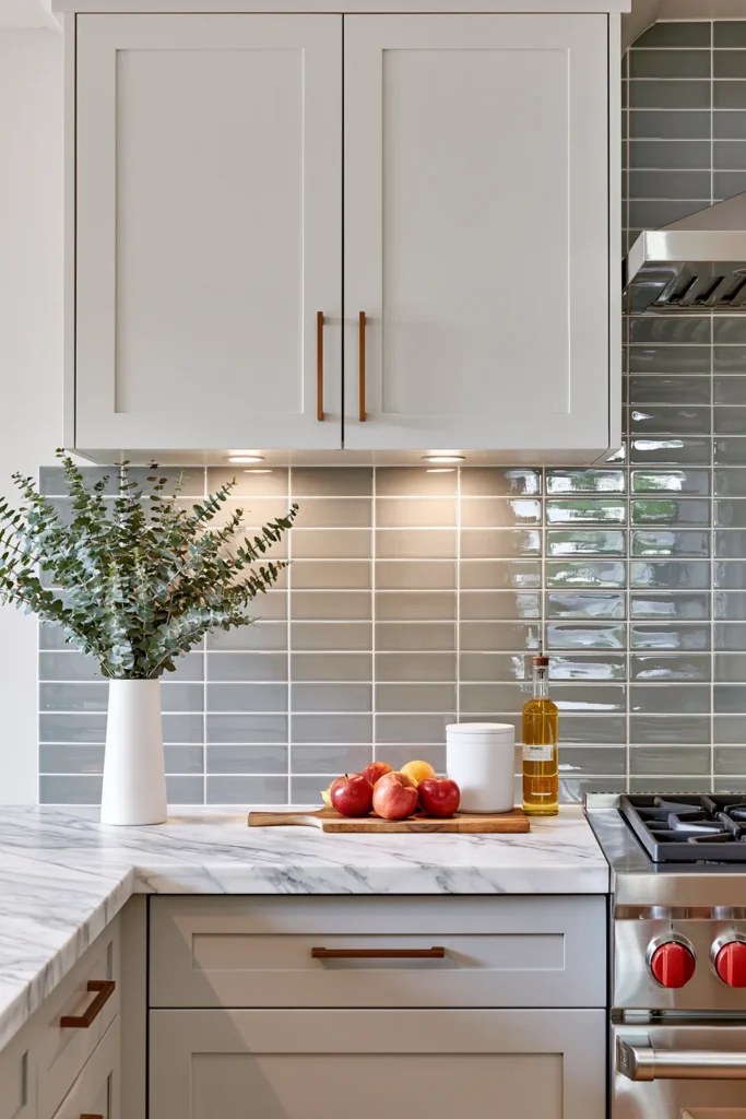 Glass Tile Backsplash Kitchen Ideas for Color, Texture, and Shine 29 Muted kitchen with frosted aqua-gray glass subway tile, pale cabinetry, marble countertops, brass handles, and natural countertop accents.
