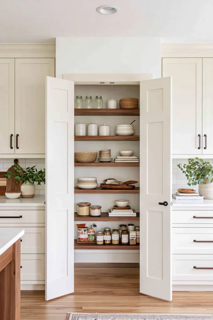 8 Kitchen Corner Cabinet Ideas for Smarter Storage 5 Corner walk-in pantry with natural wood shelves, baskets, jars, dishes, and organized kitchen storage.