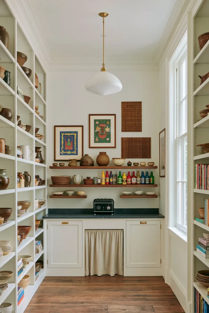 15 Butler’s Pantry Ideas for a Stylish, Functional Space 16 Functional pantry coffee station with a black countertop appliance, open white shelving, wood shelves, baskets, pottery, artwork, and a pendant light.