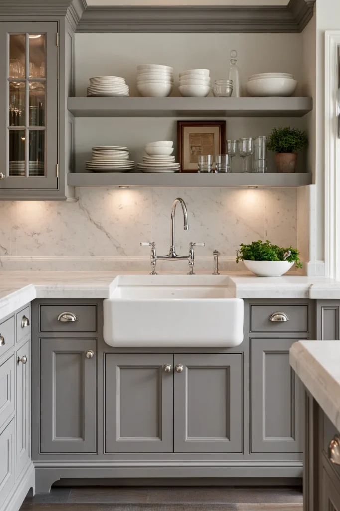 29 Neutral Kitchen Cabinet Ideas for a Calm, Timeless Kitchen 11 Soft gray kitchen cabinets with a white farmhouse sink, gray floating shelves, pale stone surfaces, and chrome hardware.