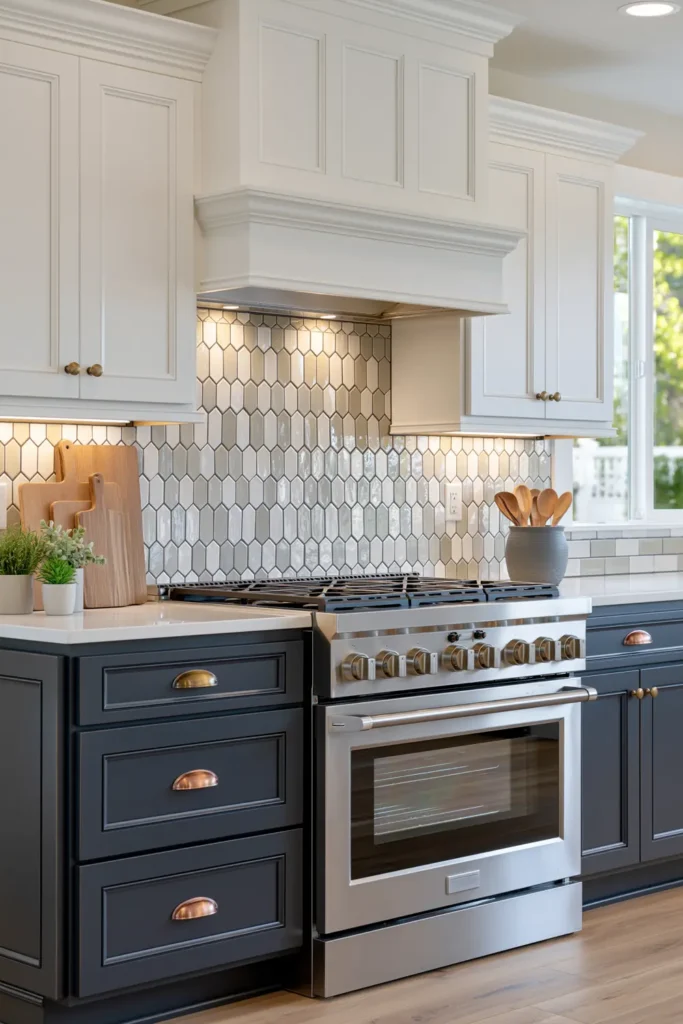 Glass Tile Backsplash Kitchen Ideas for Color, Texture, and Shine 23 Kitchen with white and gray geometric glass mosaic tile, blue-gray cabinets, brass cup pulls, wood cutting boards, and potted herbs.