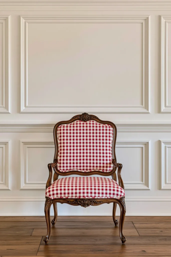Timeless vs. Trendy Home Decor: 20 Ideas for a Well-Proportioned, Beautiful Home 16 Traditional carved wood Queen Anne-style chair upholstered in red-and-white gingham against classic white wall molding.