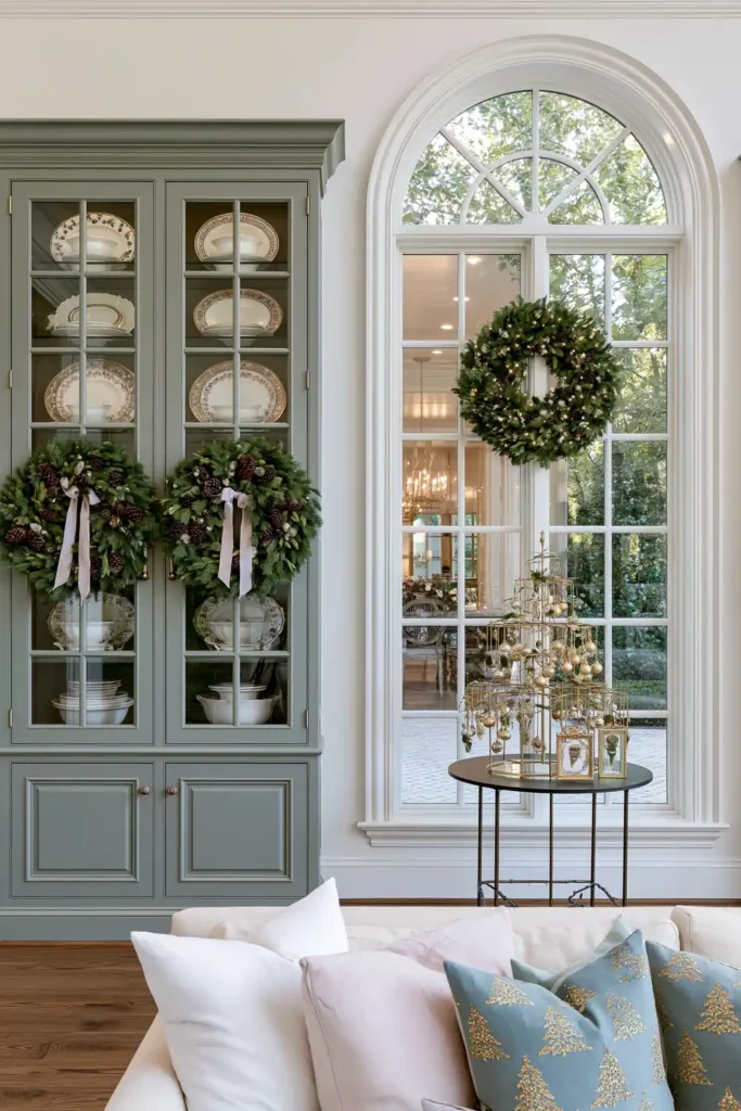 Timeless vs. Trendy Home Decor: 20 Ideas for a Well-Proportioned, Beautiful Home 3 Sage-green glass display cabinet filled with china and decorated with evergreen wreaths beside an arched window and seasonal accessories.