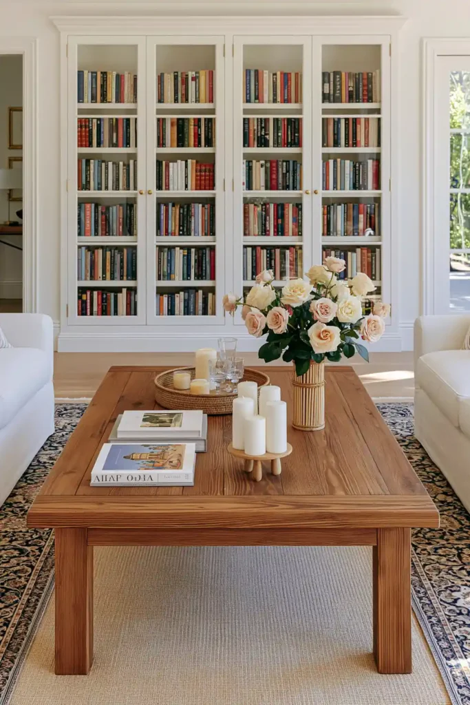 23 Living Room Bookshelf Styling Ideas for a Beautiful, Collected Space 18 Glass-door library shelves filled with colorful books behind white seating and a reclaimed wood coffee table styled with candles and blush roses.