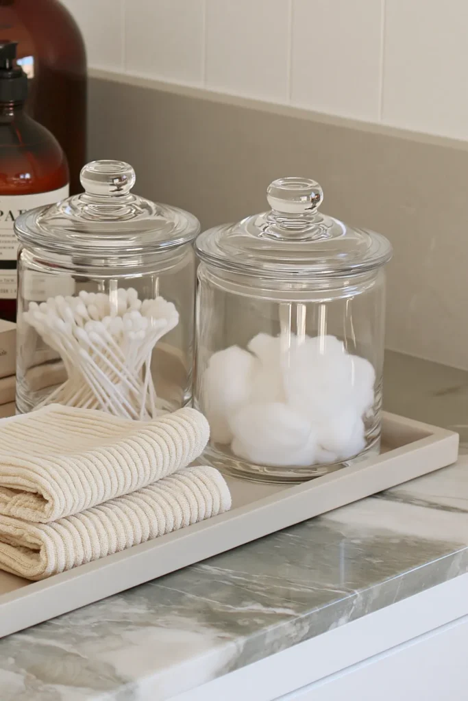 21 Guest Bathroom Decorating Ideas for a Friendly Space 16 Guest bathroom counter with clear glass jars of cotton swabs and cotton balls beside a folded makeup cloth.