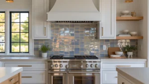 Bright contemporary kitchen with a reflective blue-green glass tile backsplash, white cabinetry, oak accents, brass hardware, and stainless steel range.