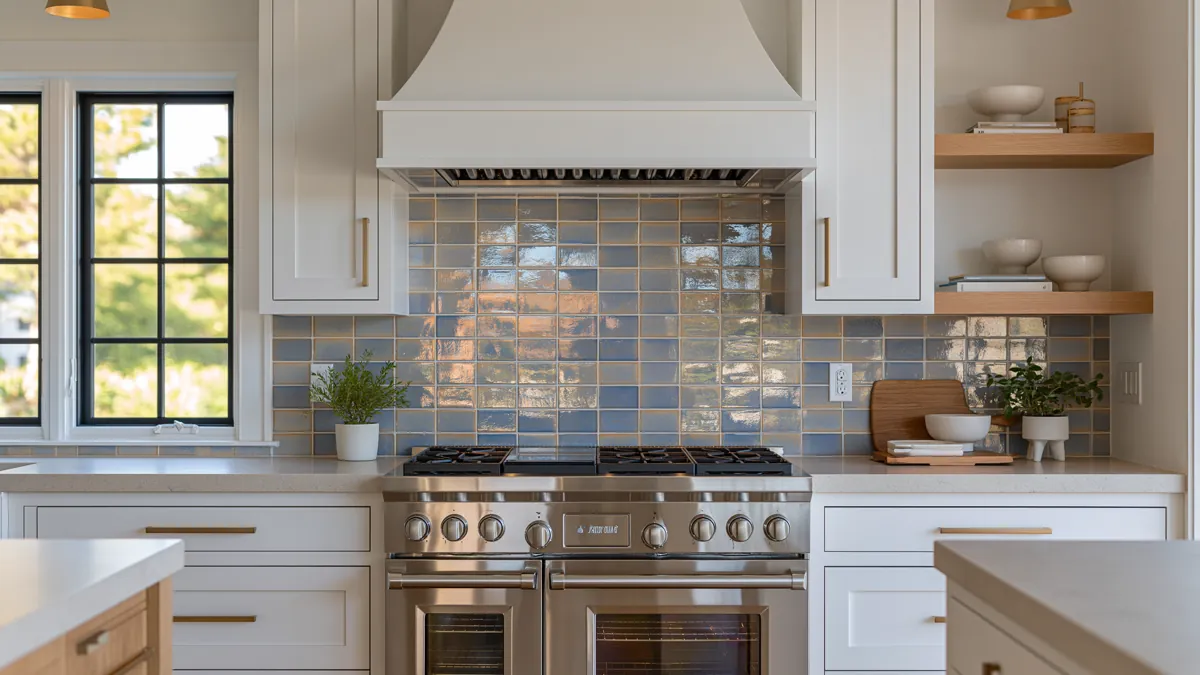 Glass Tile Backsplash Kitchen Ideas for Color, Texture, and Shine 1 Bright contemporary kitchen with a reflective blue-green glass tile backsplash, white cabinetry, oak accents, brass hardware, and stainless steel range.