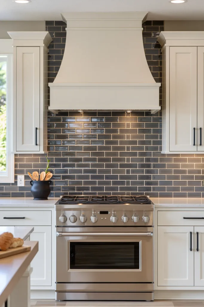 Glass Tile Backsplash Kitchen Ideas for Color, Texture, and Shine 28 Black-and-white kitchen with glossy black glass subway tile, pale grout, white cabinetry, black hardware, and stainless steel range.
