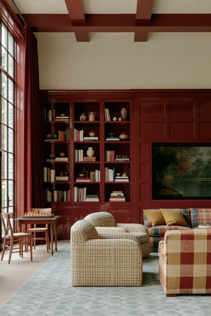 20 Best Living Room Color Combinations for a Warm Feel 12 Glossy red living room with matching walls, ceiling, trim, built-in shelves, patterned seating, and a pale blue-gray rug.