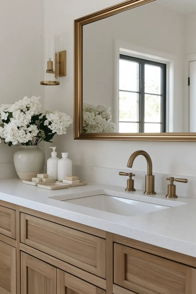 21 Guest Bathroom Decorating Ideas for a Friendly Space 2 Light wood guest bathroom vanity with a gold faucet, gold-framed mirror, glass sconce, and white flowers.