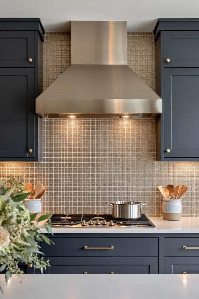 Glass Tile Backsplash Kitchen Ideas for Color, Texture, and Shine 18 Luxury kitchen with gold glass mosaic backsplash, deep navy cabinetry, brushed-gold hood, gold hardware, and pale countertops.