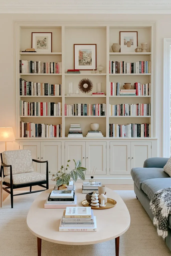 23 Living Room Bookshelf Styling Ideas for a Beautiful, Collected Space 15 Grand ivory built-ins styled with books, framed art, sculptural objects, ceramics, greenery, and a large oval coffee table.